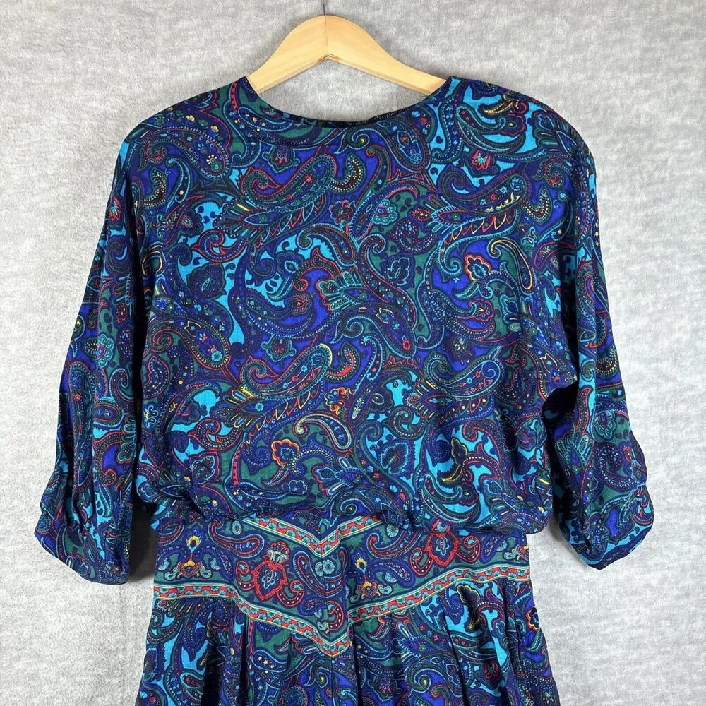 70s‎ Dress M/L Hippy Paisley Vintage Floral Boho Maxi Long Sleeve Blue Purple